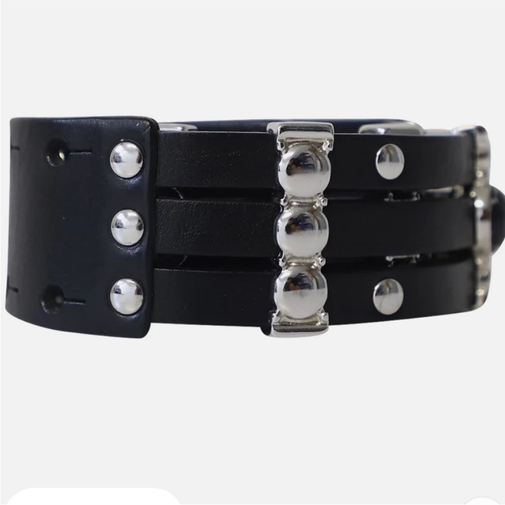 NWT Maje Black Leather Multi-Row Studded Waist Belt with Silver Emblems - Picture 4 of 8